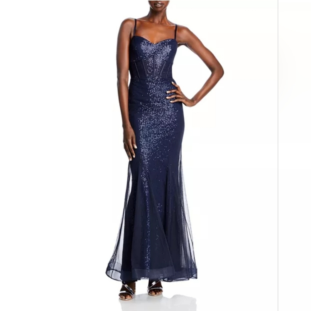 Aqua Navy Sleeveless Sequined Corset Mermaid Maxi Gown Size 4 NWT $308